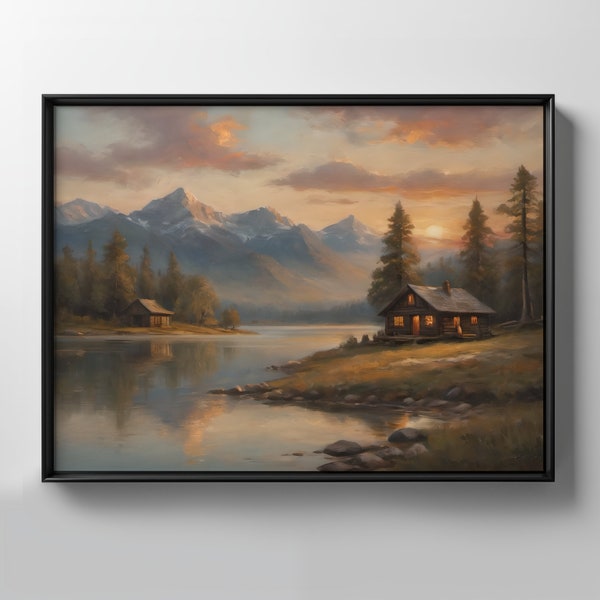 Rustic Sunset TV Frame Printable, Vintage Serenity Landscape Digital Download Oil Painting