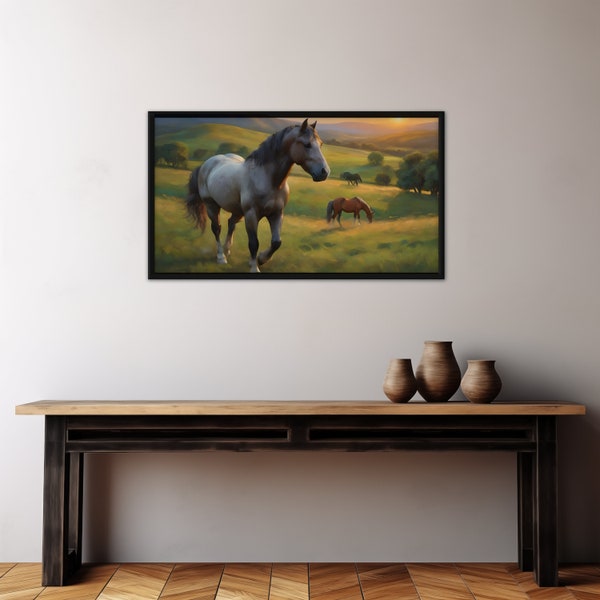 Pferde auf dem Land Ölgemälde druckbare, Kuh Weiden Wiese digitaler Download Landschaft TV-Rahmen