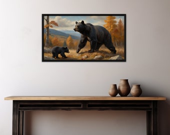 Téléchargement numérique de peinture à l'huile de scène de sol de forêt, paysage imprimable rustique de chasse d'ours, cadre de TV de forêt automnale