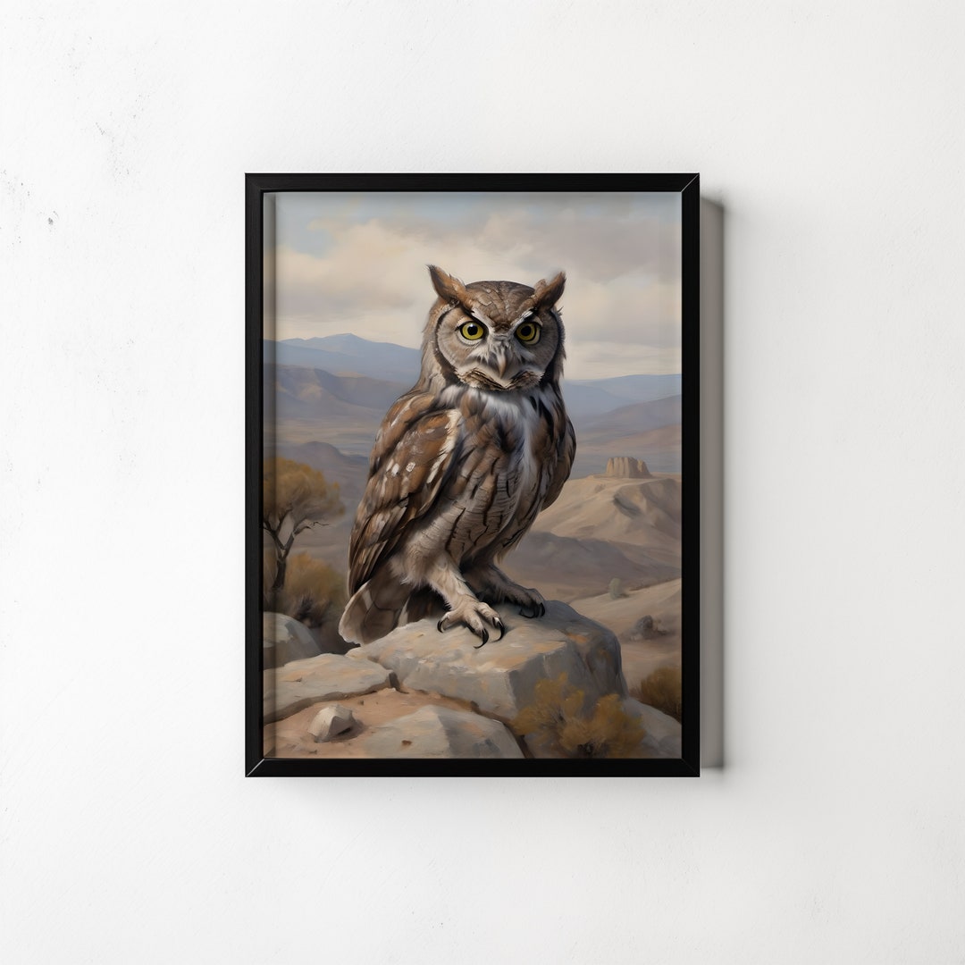 Whiskered Screech Owl Printable Oil Painting, Lonesome Landscape Portrait, Rocky Peak Digital ...