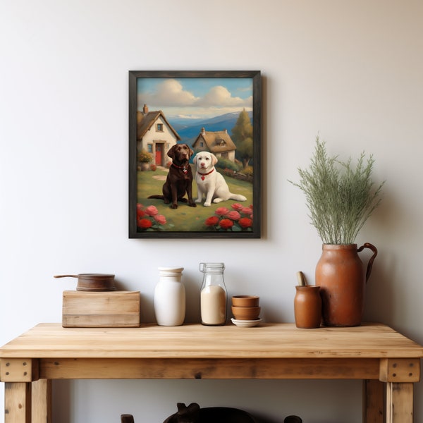 Cute White Lab and Chocolate Lab Couple in the Countryside Digital Download, Springtime Flowers Oil Painting