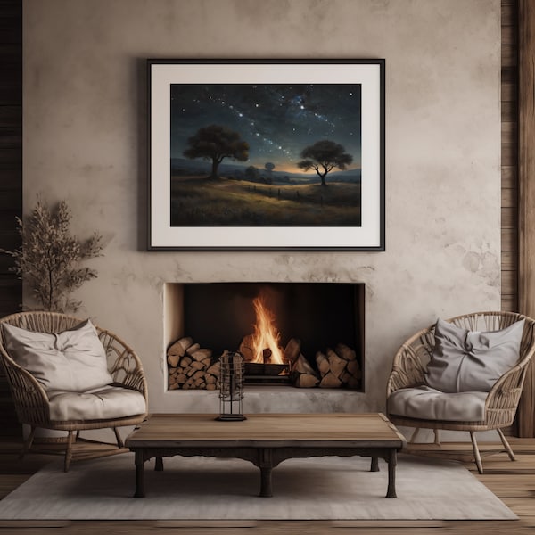 Dark Starry Night in the Countryside TV Frame Printable, Peaceful Countryside Scene Oil Painting Landscape, Digital Download