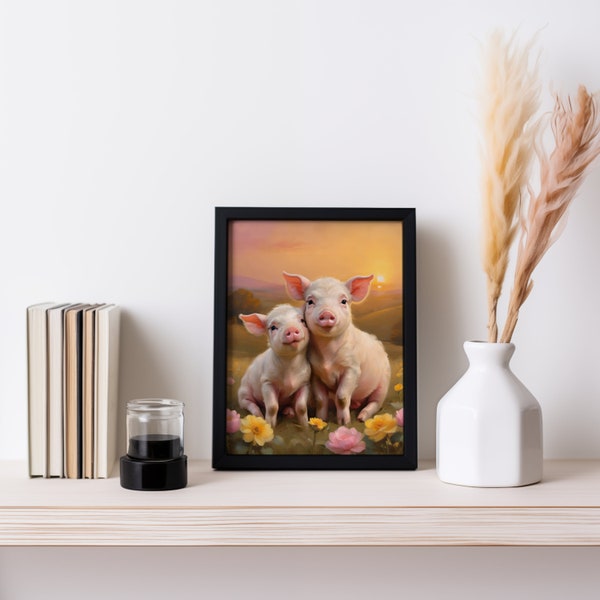 Lovely Pig Couple in a Meadow during Sunset Portrait Painting, Cute Animals Digital Download, Romantic Meadow