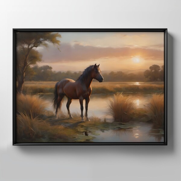 Sunset on the Countryside Digital Download Landscape, Whimsical Horse and Pond Printable Oil Painting TV Frame