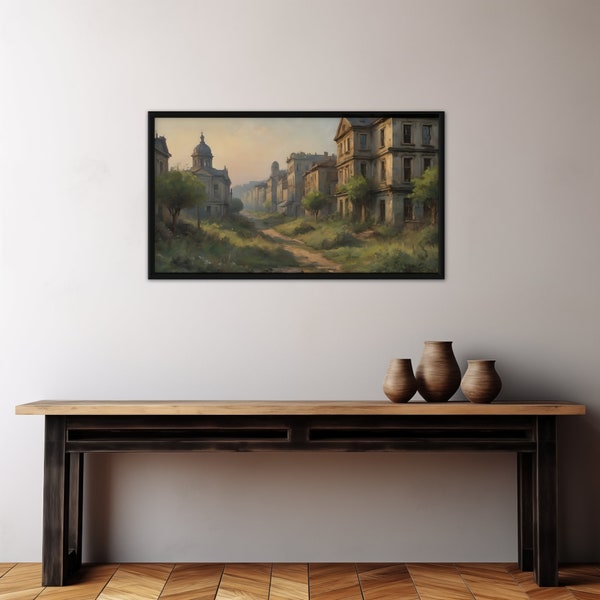 Abandoned Cityscape TV Frame Printable, Morning Dawn Landscape Oil Painting, Overgrown Digital Download