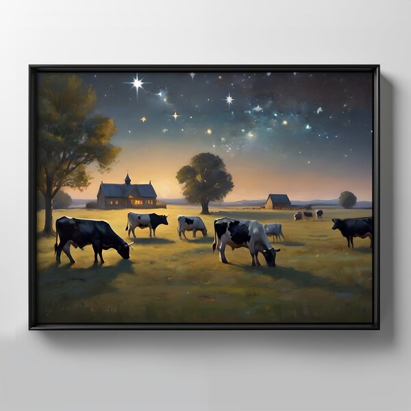 Country Evening Digital Download Landscape, Cow Grazing Printable Oil Painting TV Frame