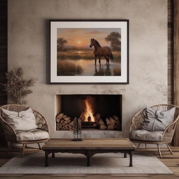 Sunset on the Countryside Landscape Printable, Whimsical Horse and Pond TV Frame Digital Download Oil Painting