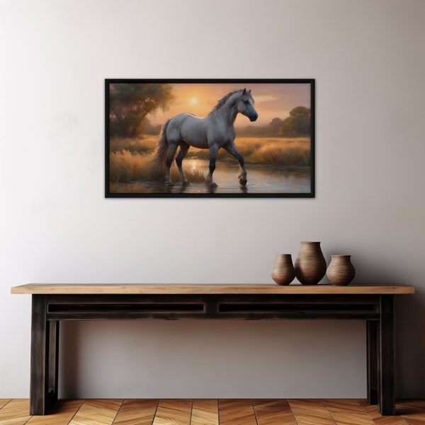 Sunset on the Countryside Printable Digital Download, Whimsical Horse and Pond TV Frame Landscape Oil Painting