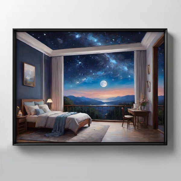 Moonlit Magical Night Sky Printable Digital Download Landscape Oil Painting TV Frame