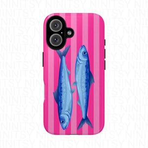 May include: A phone case featuring a pink and white striped background with two blue fish illustrations. The case has a glossy finish and a camera cutout.