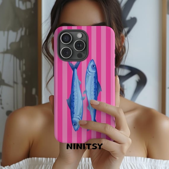 Sardines Phone Case: Pink Striped Summer Coastal Cover