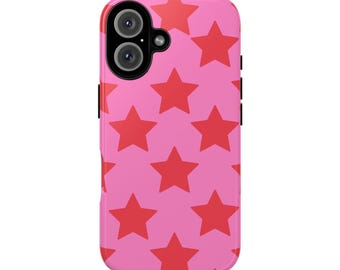 Pode incluir: Uma capa de telefone rosa com um padrão repetido de estrelas vermelhas.