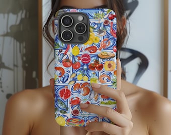 Funda para teléfono con mariscos mediterráneos: diseño costero de verano europeo