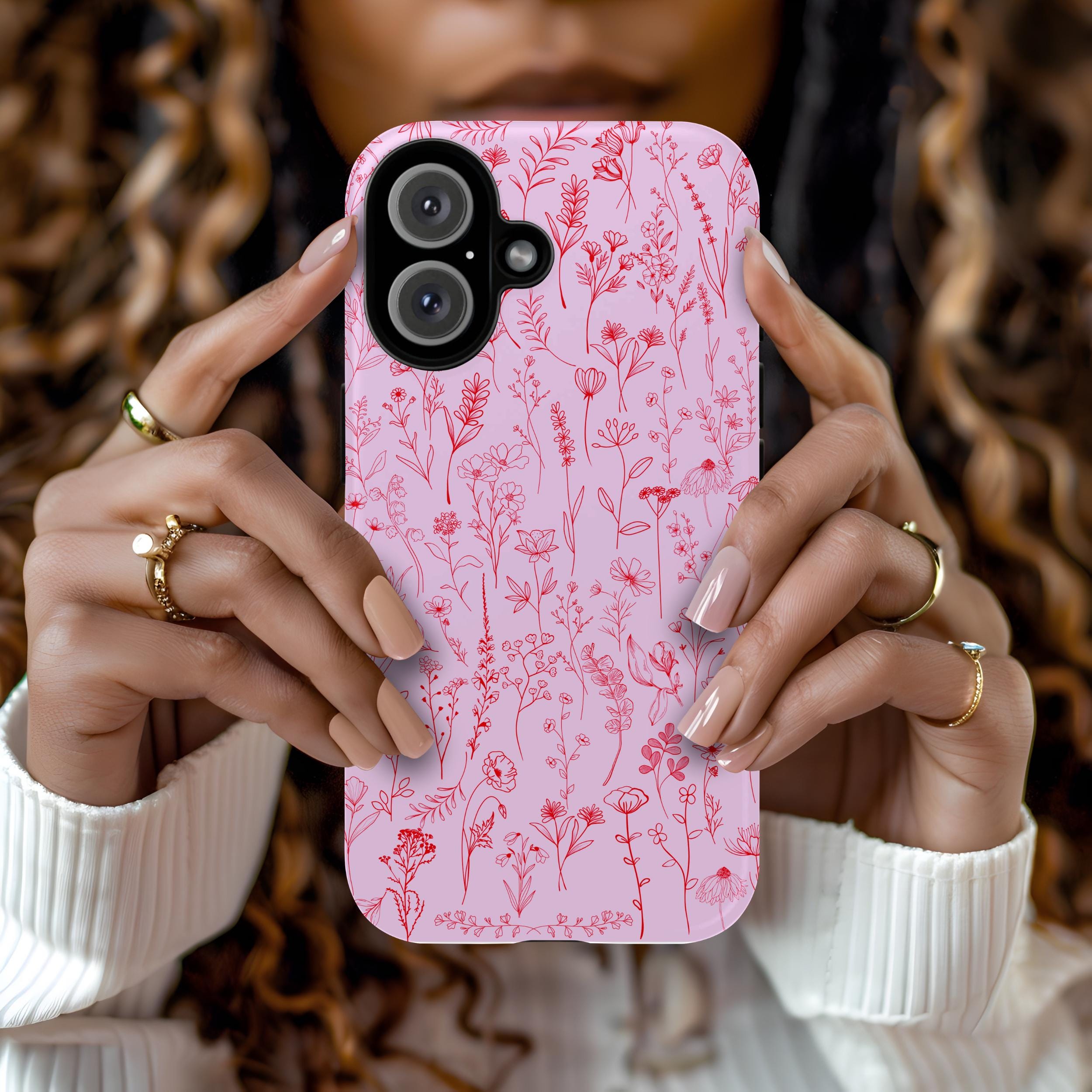 Wildflower Phone Case Pink Floral Phone Case Aesthetic iPhone Cover Cute Girly iPhone 16 15 14 13 12 11 Samsung Google Pixel Tough Cases