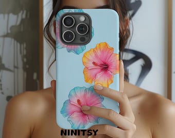 May include: A light blue phone case featuring three watercolor hibiscus flowers in shades of pink, orange, and blue. The case has a glossy finish and the brand name "NINITSY" is printed at the bottom.