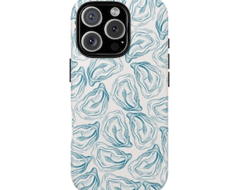 May include: A white phone case with a repeating pattern of teal oyster illustrations. The case has a black camera module and black side buttons. The oyster design is a detailed line drawing.
