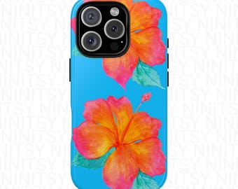 May include: A vibrant phone case featuring a bright blue background adorned with two large, watercolor-style hibiscus flowers. The flowers showcase a gradient of orange and pink hues, complemented by green leaves. The case has a camera cutout.