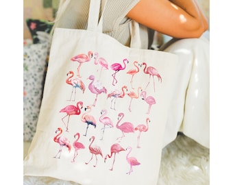 Watercolor Flamingo Cotton Canvas Tote Bag - Tropical Beach Gift