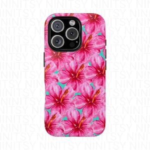 Hibiscus Phone Case Tropical Summer Phone Cover Pink Phone Case Floral Phone Cover Cute Girly iPhone 16 15 14 13 12 Samsung Pixel Tough Case