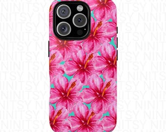 May include: A pink phone case featuring a repeating pattern of watercolor hibiscus flowers with yellow stamens against a turquoise background. The case has a black border and a camera cutout.
