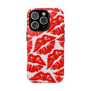 Red Lips Phone Case Kiss Print iPhone Cover Red Lip Print Phone Cover Cute Girly iPhone 16 15 14 13 12 Samsung Google Pixel Tough Cases