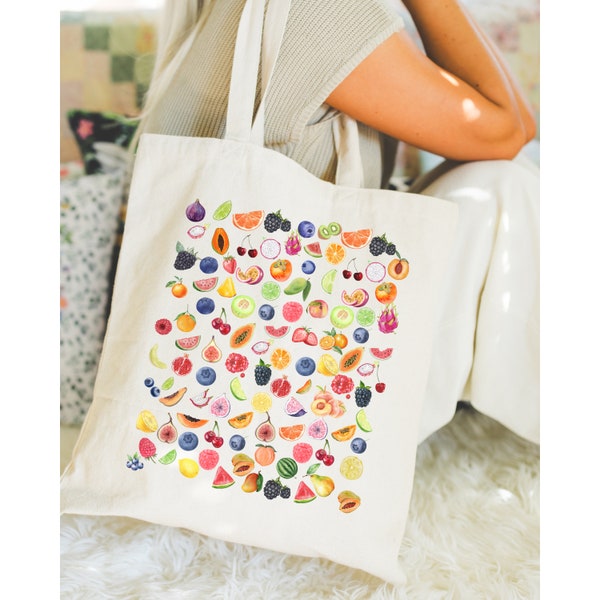 Fruit Tote Bag Summer Colorful Bag Fruit Pattern Gift Beach Bag Colorful Gift Cute Reusable Shopping Bag Cotton Farmers Canvas Tote Bag
