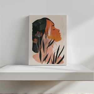 Abstract Woman Nature Artwork, Modern Feminine Silhouette with Floral Accents, Contemporary Wall Art, Elegant Home Decor
