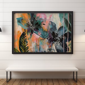 Tropical Fusion Abstract Art, Vibrant Botanical Splatter Canvas, Whimsical Floral Expressionism for Lively Home Decor