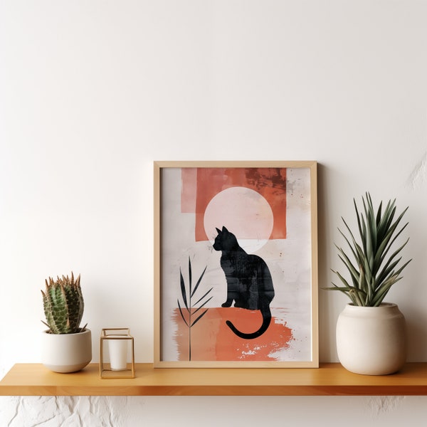 Abstract Animal Pet, Cute Cat Artwork, Modern Feline Illustration in Sunset Colors, Contemporary Kitty Lover Wall Art