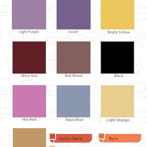Puede incluir: Un gr&aacute;fico que muestra 10 colores diferentes de tela de terciopelo. Los colores son: morado claro, violeta, amarillo brillante, rojo vino, madera roja, negro, rojo intenso, azul aguamarina, naranja claro y caf&eacute;. El gr&aacute;fico tambi&eacute;n incluye las palabras "C&oacute;modo", "Textura lujosa" y "C&aacute;lido".
