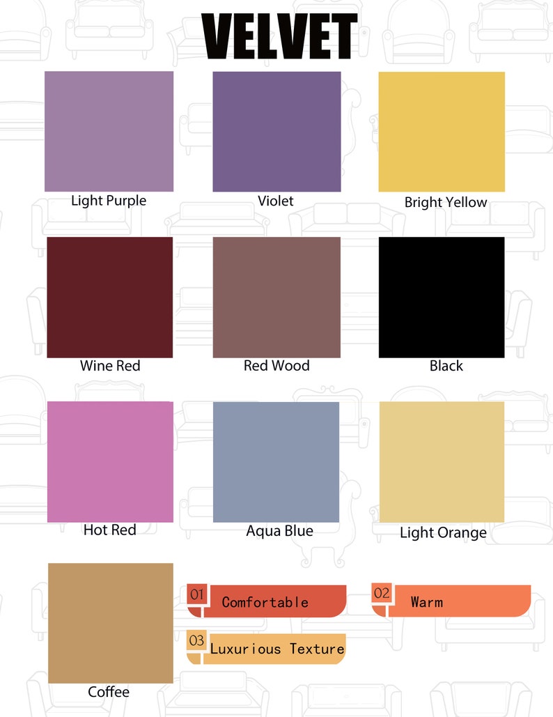 Puede incluir: Un gr&aacute;fico que muestra 10 colores diferentes de tela de terciopelo. Los colores son: morado claro, violeta, amarillo brillante, rojo vino, madera roja, negro, rojo intenso, azul aguamarina, naranja claro y caf&eacute;. El gr&aacute;fico tambi&eacute;n incluye las palabras "C&oacute;modo", "Textura lujosa" y "C&aacute;lido".