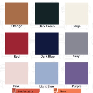 Puede incluir: Un gr&aacute;fico que muestra nueve colores diferentes de tela de terciopelo. Los colores son naranja, verde oscuro, beige, rojo, azul oscuro, gris, rosa, azul claro y morado. El gr&aacute;fico tambi&eacute;n incluye las palabras "C&oacute;modo", "C&aacute;lido" y "Textura lujosa".