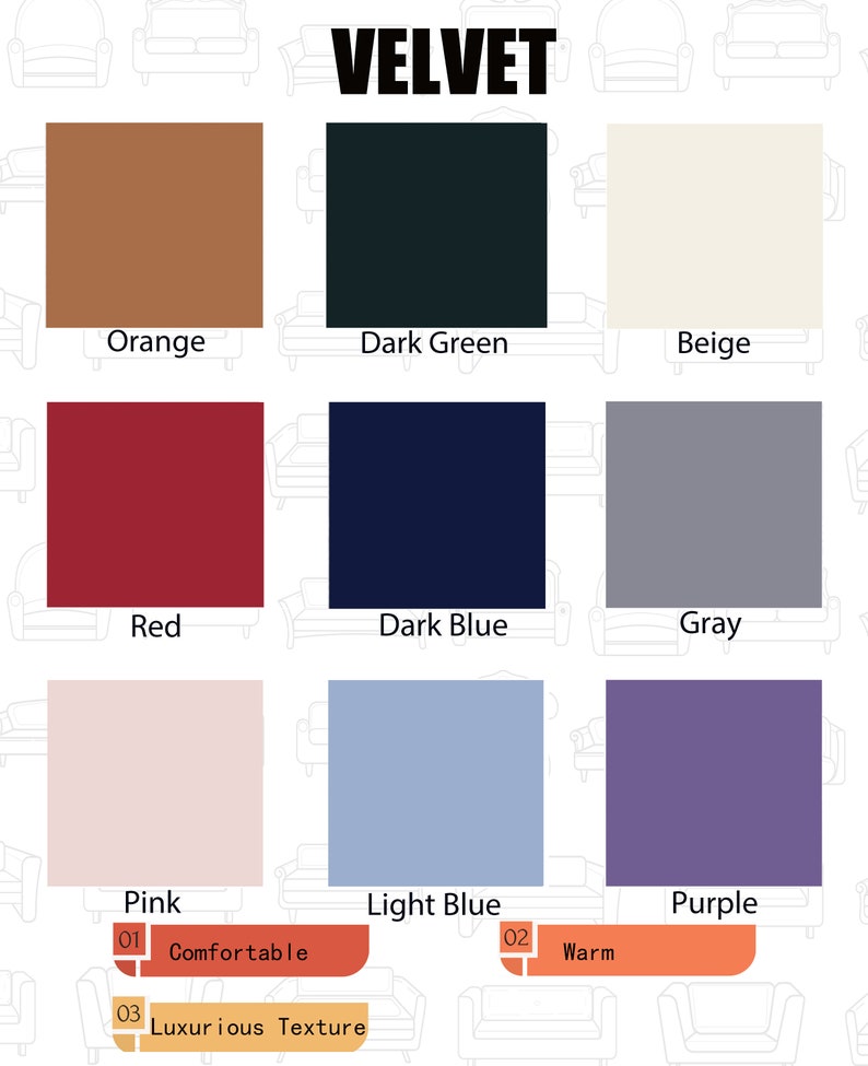 Puede incluir: Un gr&aacute;fico que muestra nueve colores diferentes de tela de terciopelo. Los colores son naranja, verde oscuro, beige, rojo, azul oscuro, gris, rosa, azul claro y morado. El gr&aacute;fico tambi&eacute;n incluye las palabras "C&oacute;modo", "C&aacute;lido" y "Textura lujosa".