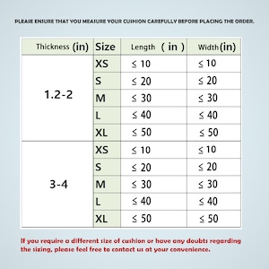 May include: A chart showing cushion sizes and their corresponding dimensions in inches. The chart is divided into two sections, one for cushions with a thickness of 1.2 to 2 inches and the other for cushions with a thickness of 3 to 4 inches. Each section lists the cushion size (XS, S, M, L, XL) and the maximum length and width in inches for each size.