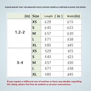 May include: A table showing cushion sizes in inches. The table has two columns for cushion size, one for length and one for width. The cushion sizes are XS, S, M, L, and XL. The lengths range from 29 to 85 inches and the widths range from 15 to 45 inches. The table is divided into two sections, one for cushions 1.2-2 inches thick and one for cushions 3-4 inches thick.