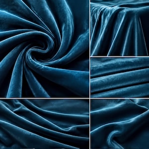 The image is a collage of close-up photos of a blue velvet fabric, showcasing its texture, folds, and creases in various angles and lighting conditions.