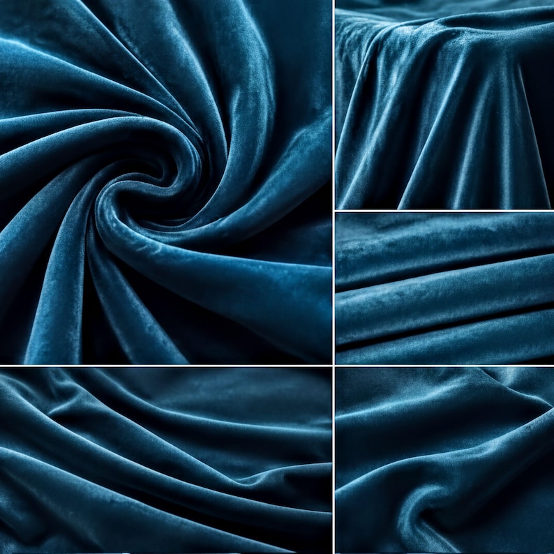 The image is a collage of close-up photos of a blue velvet fabric, showcasing its texture, folds, and creases in various angles and lighting conditions.