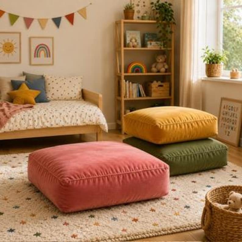 May include: Three square floor cushions in velvet fabric, featuring a pink cushion in the foreground and a stacked pair of yellow and olive green cushions behind it. These plush, low-profile seating pieces have piped edges and a soft texture.