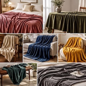 The image is a collage of various blankets and pillows, showcasing different colors and patterns.