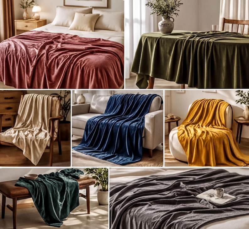 The image is a collage of various blankets and pillows, showcasing different colors and patterns.