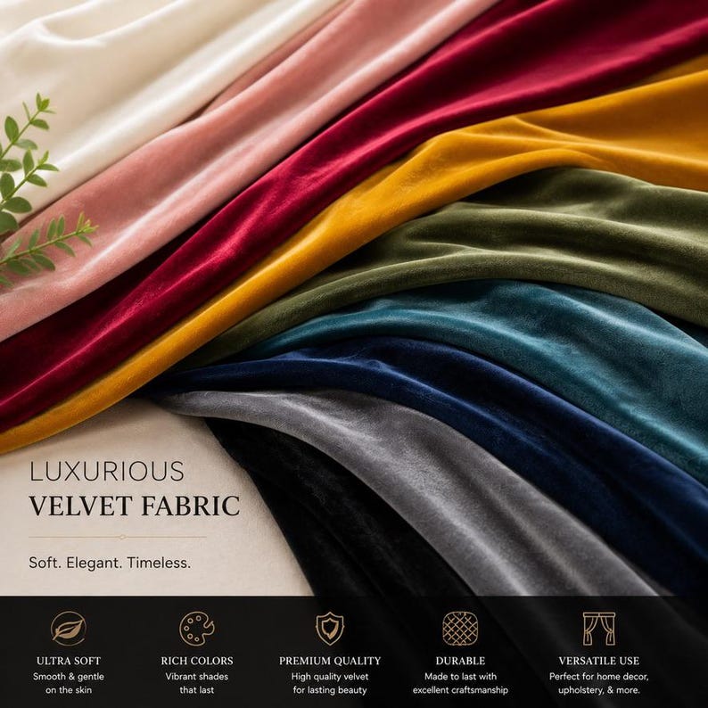 May include: A collection of velvet fabric swatches in white, pink, red, yellow, olive green, teal, blue, gray, and black. The text on the image reads: LUXURIOUS VELVET FABRIC. Soft. Elegant. Timeless. ULTRA SOFT. RICH COLORS. PREMIUM QUALITY. DURABLE. VERSATILE USE.