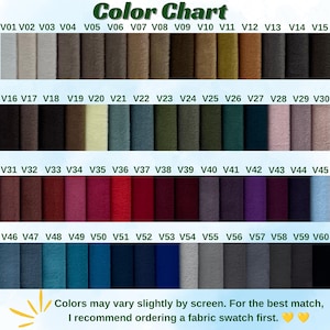May include: A fabric color chart displaying sixty numbered velvet swatches arranged in four rows. The palette includes neutrals, browns, greens, blues, reds, purples, and blacks. Text reads: Color Chart, V01-V60, and Colors may vary slightly by screen.