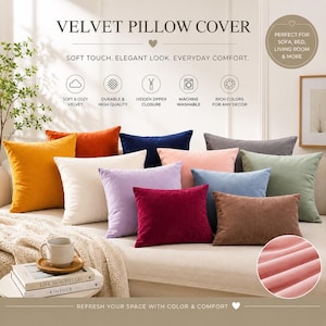 May include: A collection of square velvet pillow covers in various colors including mustard yellow, orange, navy blue, cream, lavender, burgundy, light blue, sage green, and brown, featuring a hidden zipper closure and soft texture.