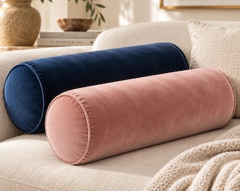Custom Velvet Bolster Pillow With Insert, Round Neck Roll Cushion, Lumbar Pillow, Bed & Sofa Decor, Custom Size, 60 Colors