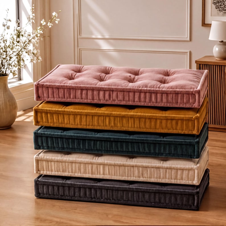 A stack of five colorful mattress pads or cushions in various pastel shades, including pink, orange, green, beige, and black, arranged on a wooden floor.