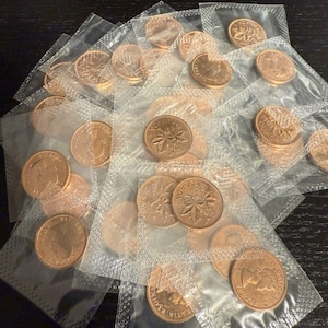 Può includere: Una collezione di 25 monete canadesi da un centesimo, ciascuna confezionata singolarmente in un sacchetto di plastica trasparente. Le monete sono di colore rame e presentano un design a foglia d'acero.