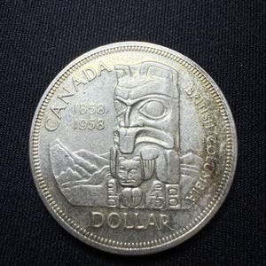 1958 Canadian Silver Dollar Coin 80% 1 - Death Totem - Original Patina