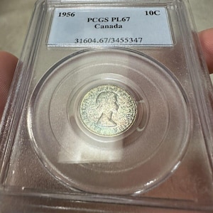 1956 PL-67 Canadian Silver 10 Cent Coin PCGS - Rainbow Tones