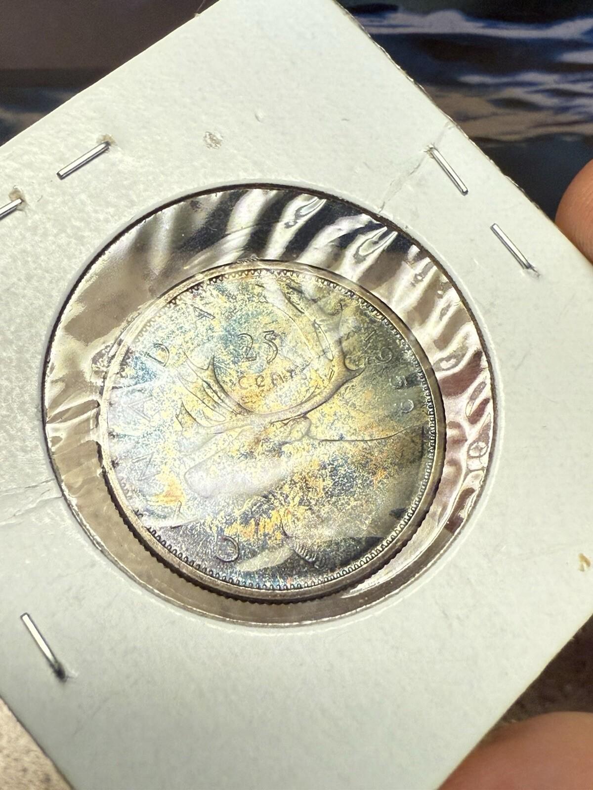 1959 Canada 25 Cents Silver Coin - Bright Blue - Stunning Example In Hand