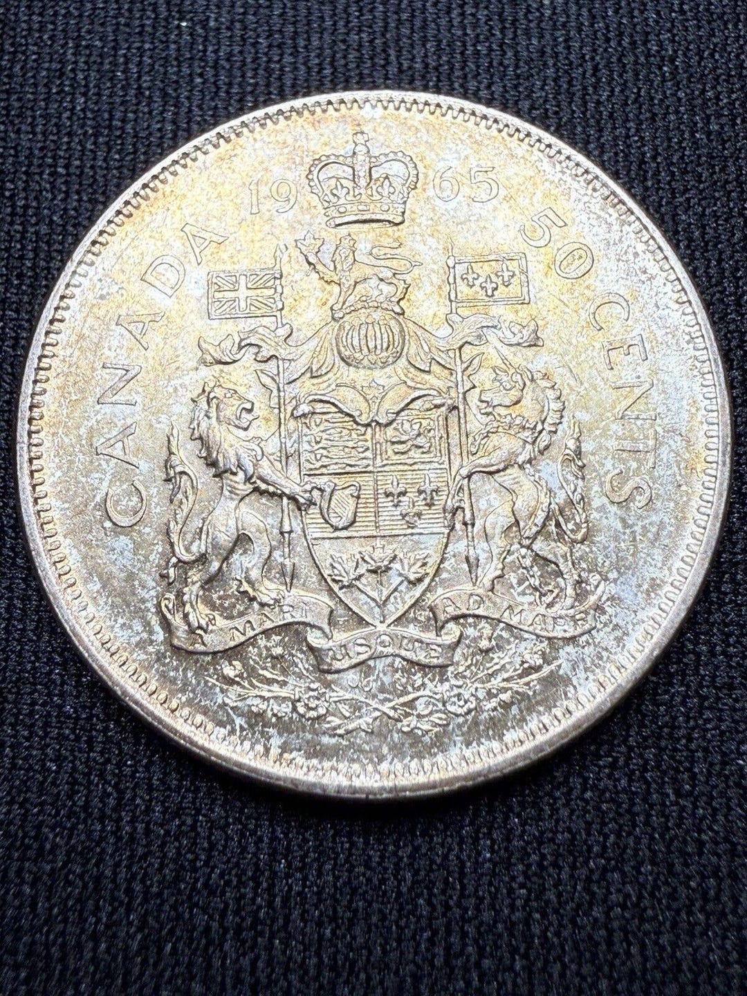Authentic 1965 Canadian Silver 50 Cents Half Dollar Coin - Rainbow